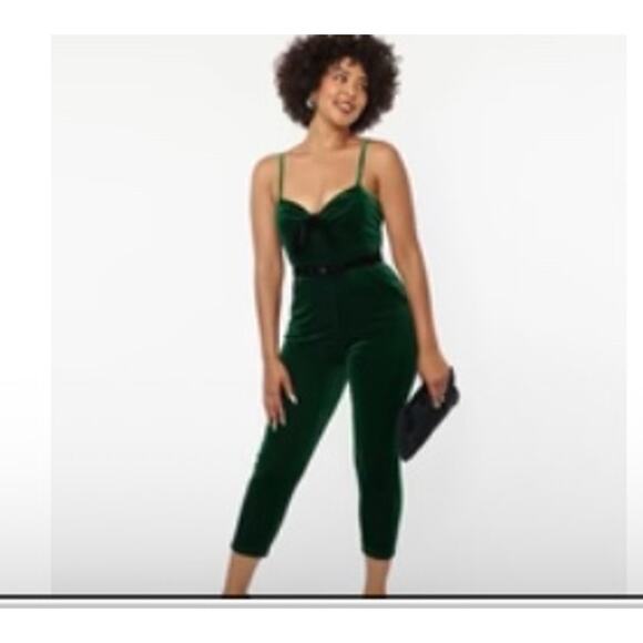 Unique Vintage Velvet Holiday Cropped Jumpsuit Emerald Sz L #8 - Picture 2 of 6